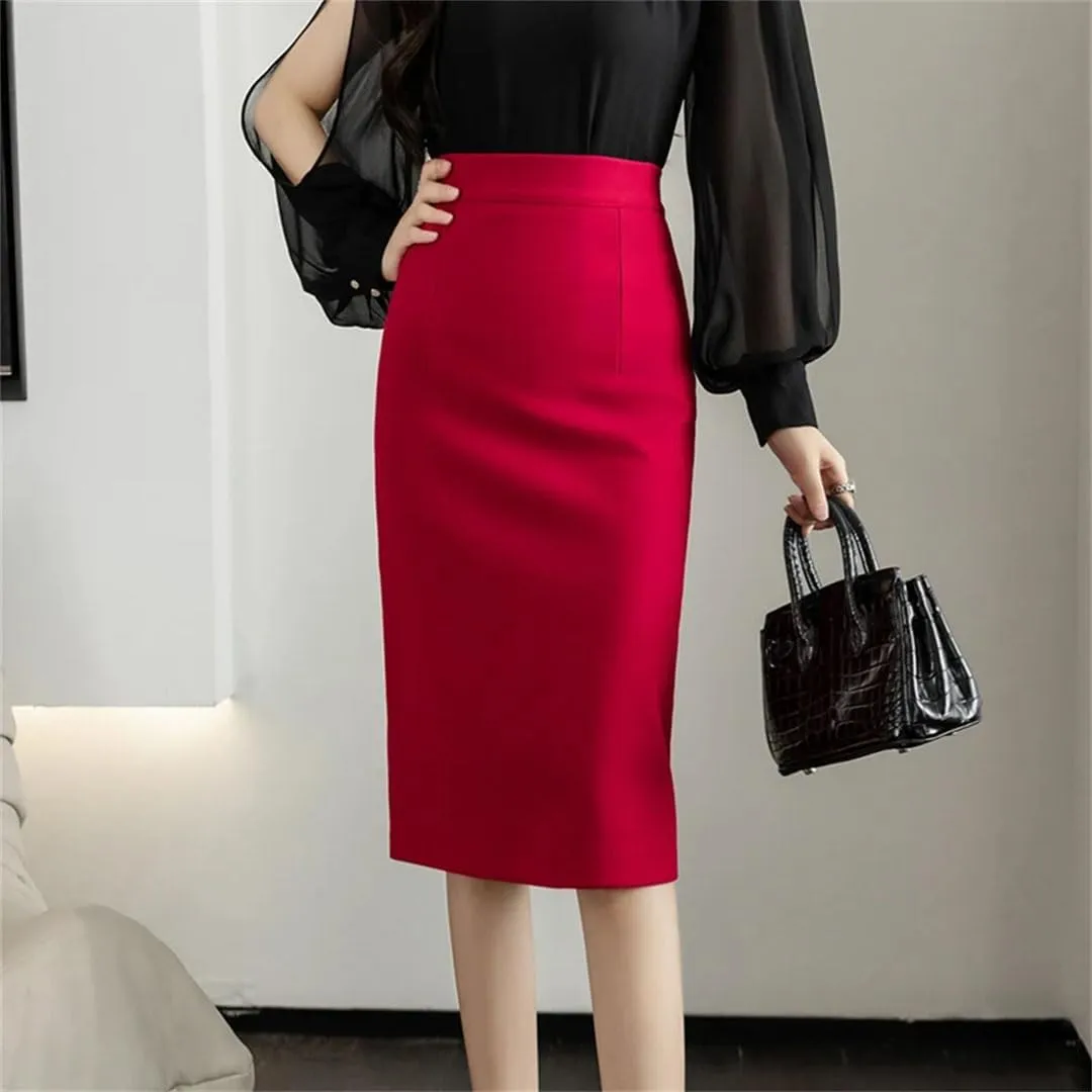 Women Stretchy Solid Color Skirts Elegant High Waist Office Style Pencil Midi Skirts