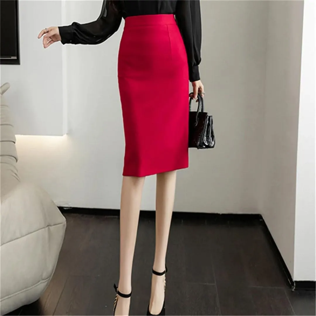 Women Stretchy Solid Color Skirts Elegant High Waist Office Style Pencil Midi Skirts