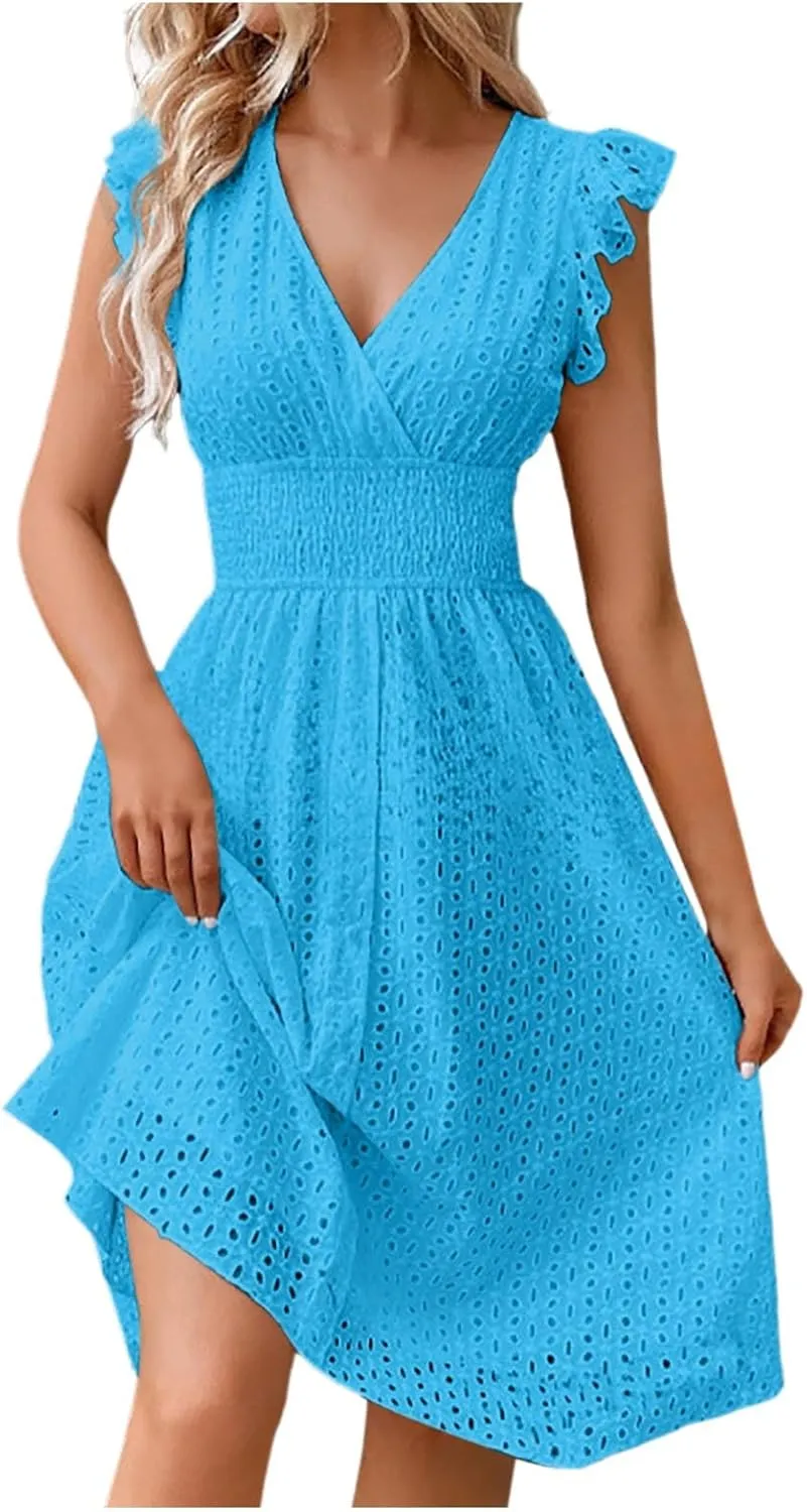 Women Summer Eyelet Dresses Ruffle Sleeve V Neck Loose Fit A Line Midi Dresses Hollow Out Flowy Vacation Casual Sundresses