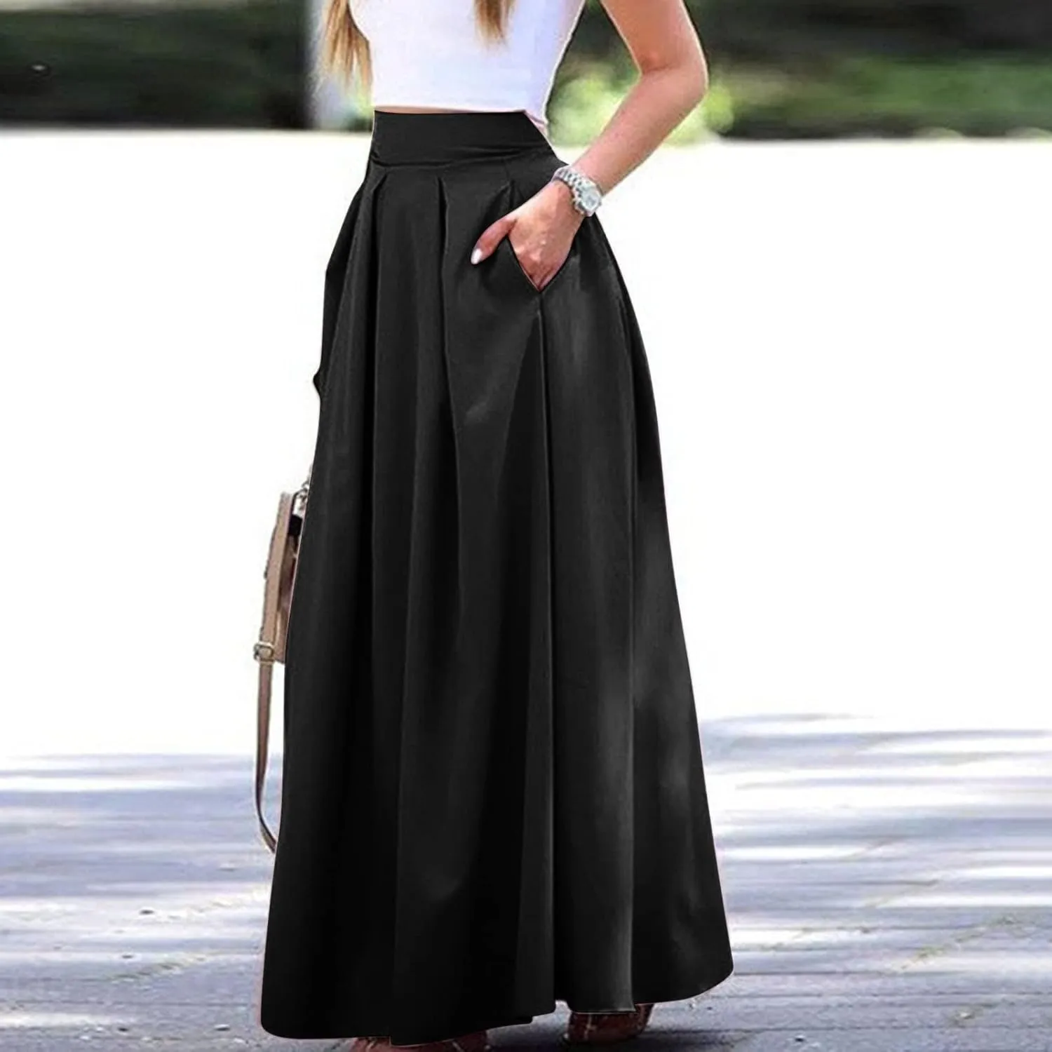 Womens Maxi Skirt A-line High Waist Swing Pleated Boho Summer Vacation Beach Flowy Elegant Long Skirts with Pockets
