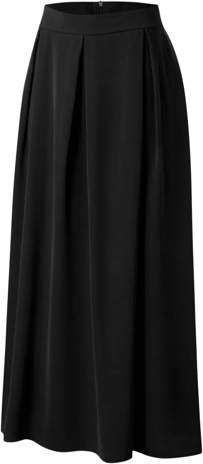 Womens Maxi Skirt A-line High Waist Swing Pleated Boho Summer Vacation Beach Flowy Elegant Long Skirts with Pockets