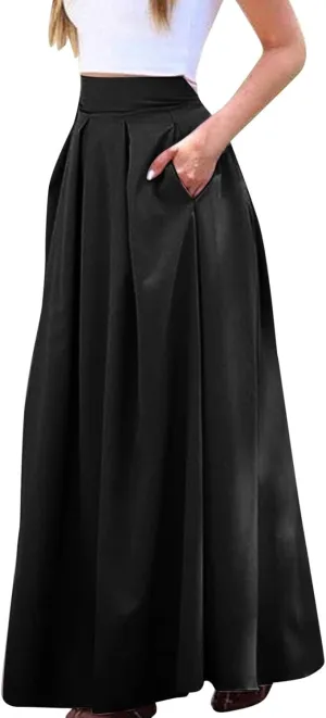 Womens Maxi Skirt A-line High Waist Swing Pleated Boho Summer Vacation Beach Flowy Elegant Long Skirts with Pockets