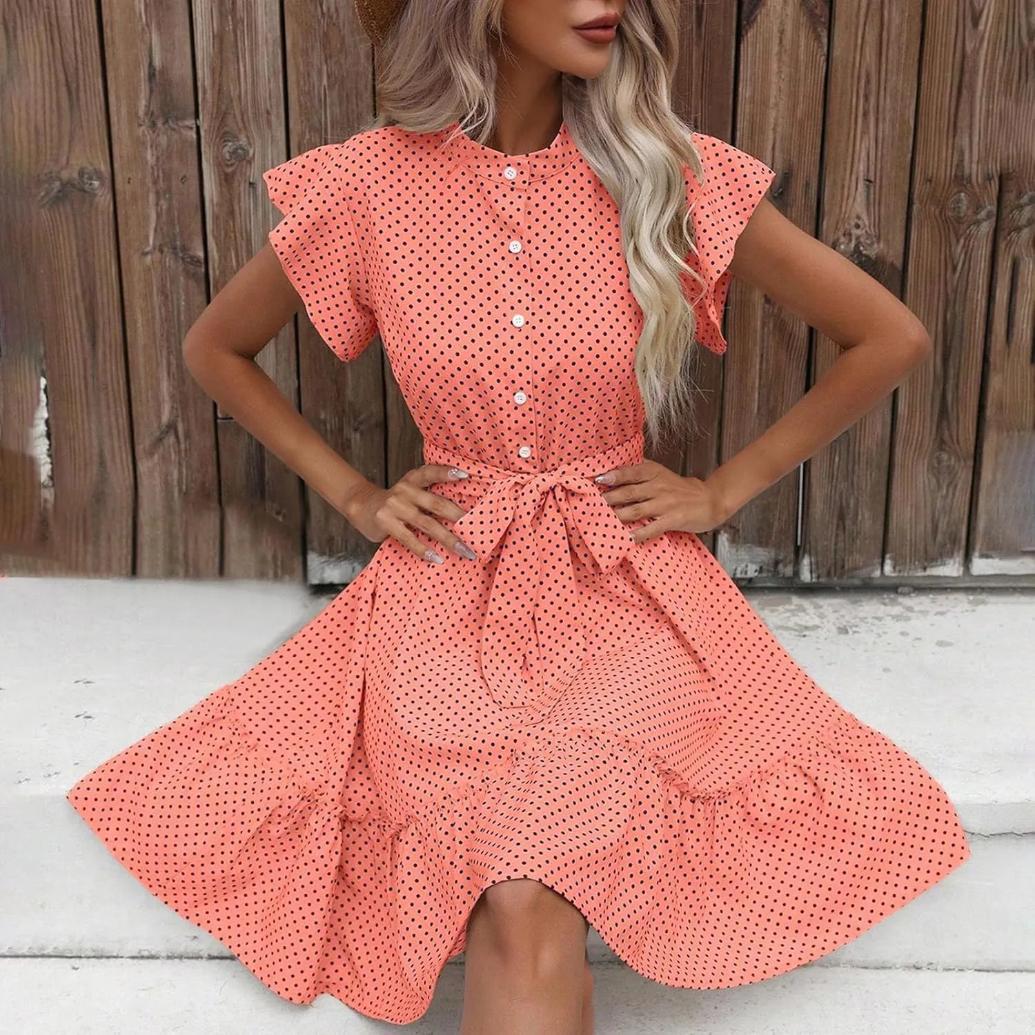 Womens Polka Dot Ruffle Dress Short Sleeve Summer Dresses Tie Waist A Line Dress Casual Mini Sundress Vacation Outfits