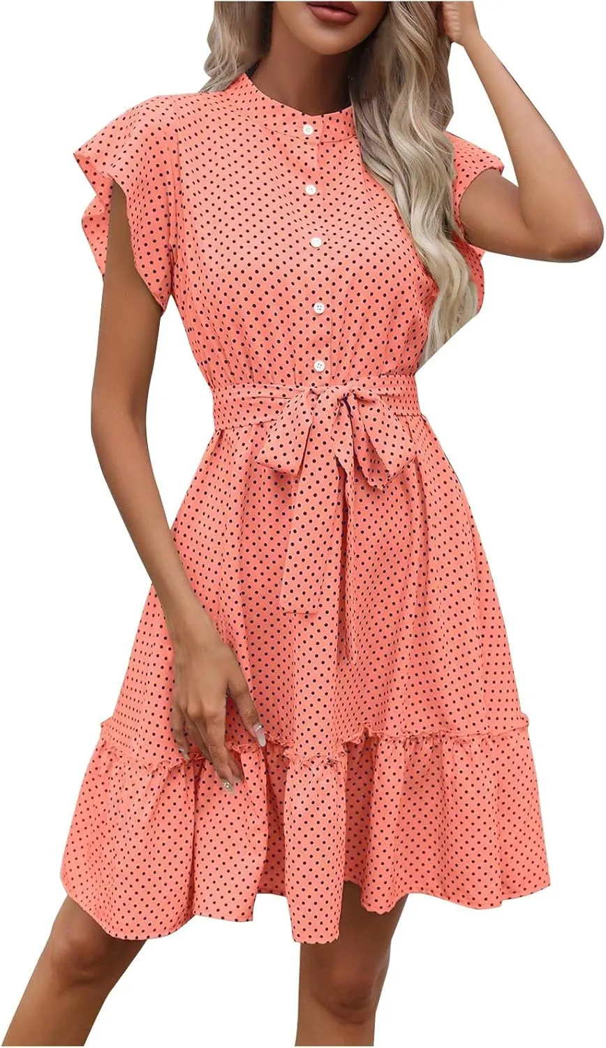 Womens Polka Dot Ruffle Dress Short Sleeve Summer Dresses Tie Waist A Line Dress Casual Mini Sundress Vacation Outfits