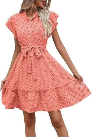 Womens Polka Dot Ruffle Dress Short Sleeve Summer Dresses Tie Waist A Line Dress Casual Mini Sundress Vacation Outfits