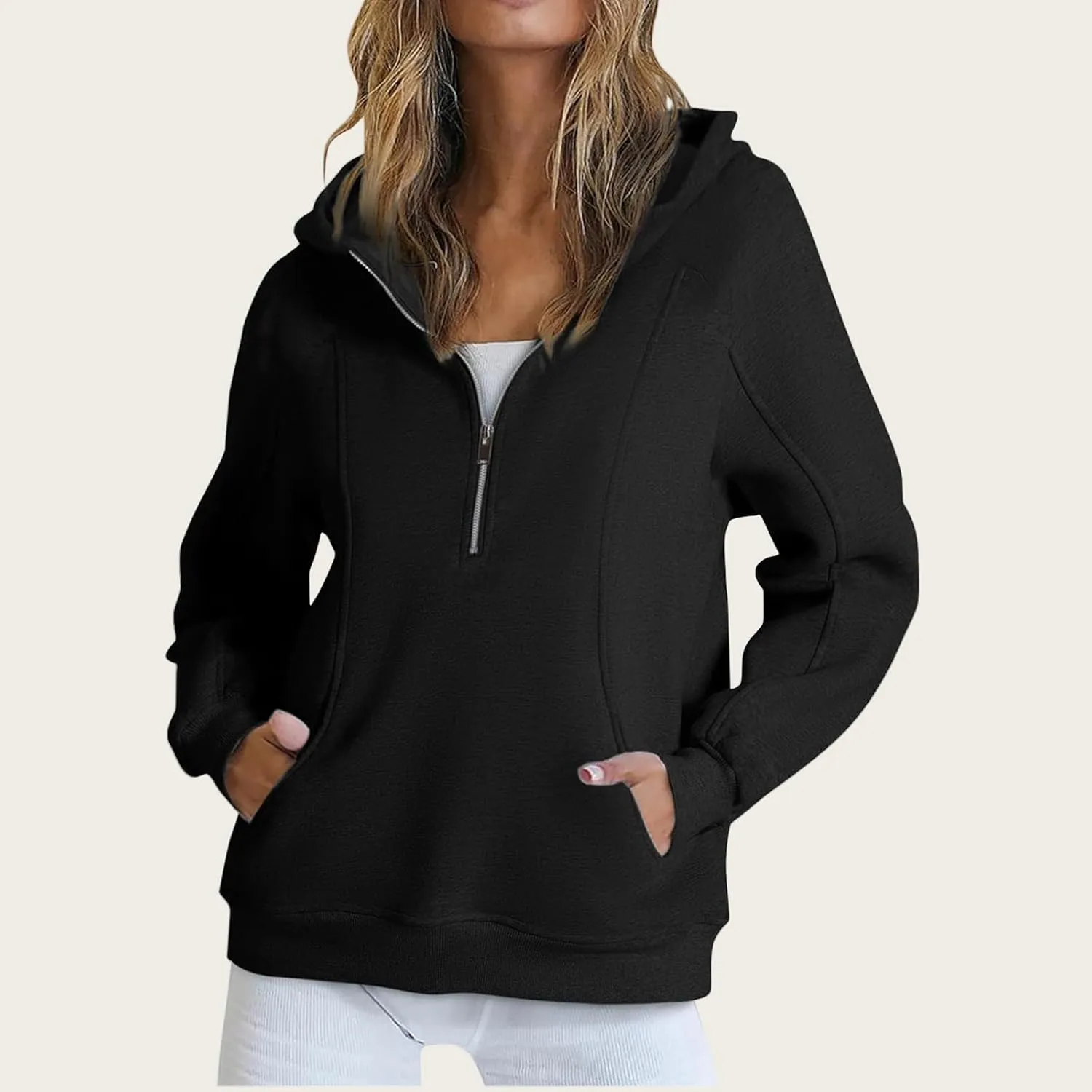 Womens Quarter Zip Sweatshirts Solid Oversized Hoodies Casual Comfy Long Sleeve Pullover Tops Fall Winter Outfits 2024