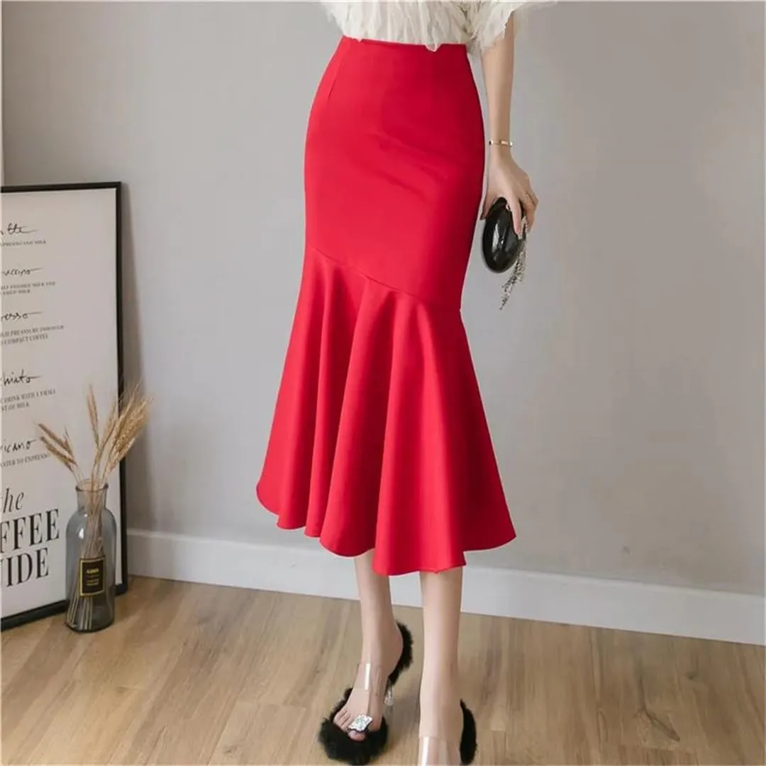 Women's Ruffles Solid Color Skirts Spring Elegant High Waist Office Style Pencil Midi Skirts
