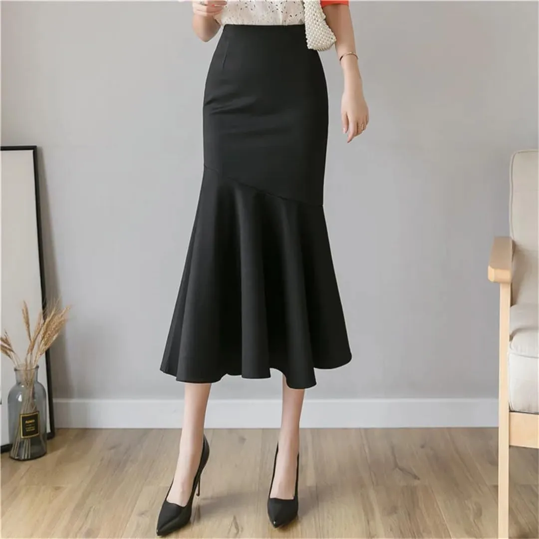 Women's Ruffles Solid Color Skirts Spring Elegant High Waist Office Style Pencil Midi Skirts