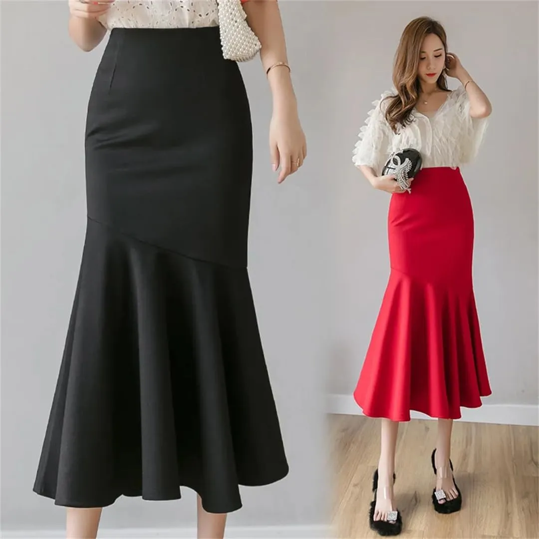Women's Ruffles Solid Color Skirts Spring Elegant High Waist Office Style Pencil Midi Skirts