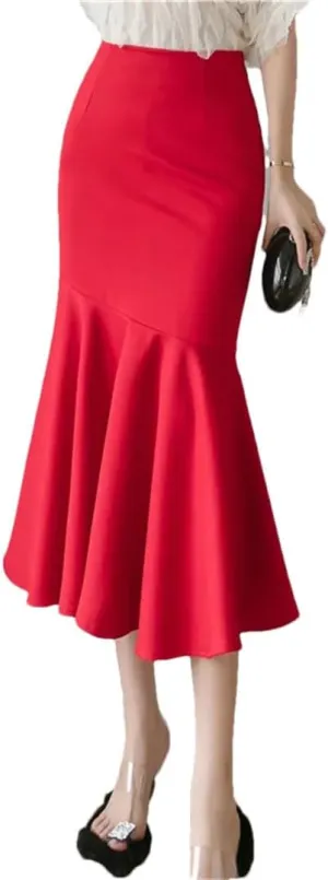 Women's Ruffles Solid Color Skirts Spring Elegant High Waist Office Style Pencil Midi Skirts