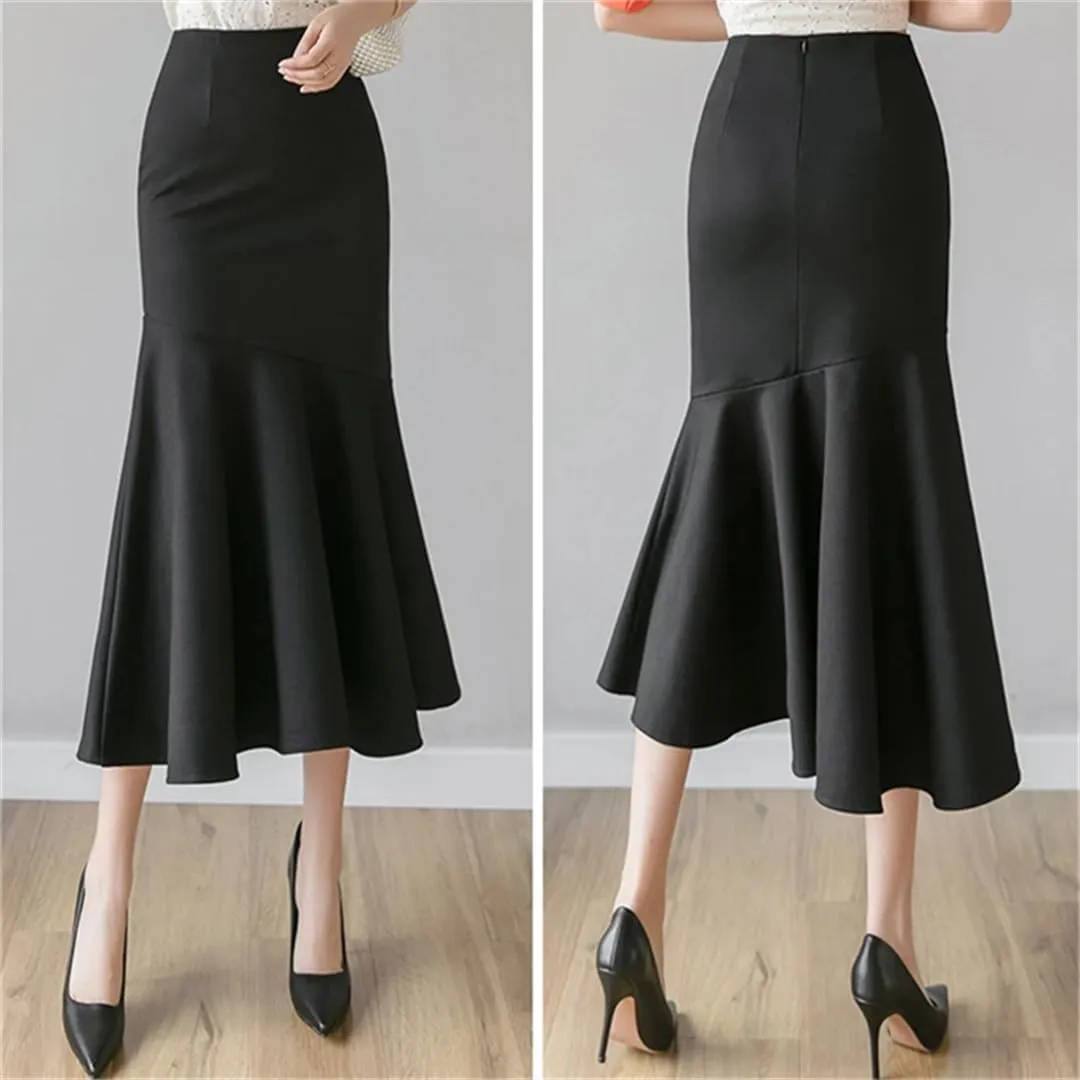 Women's Ruffles Solid Color Skirts Spring Elegant High Waist Office Style Pencil Midi Skirts