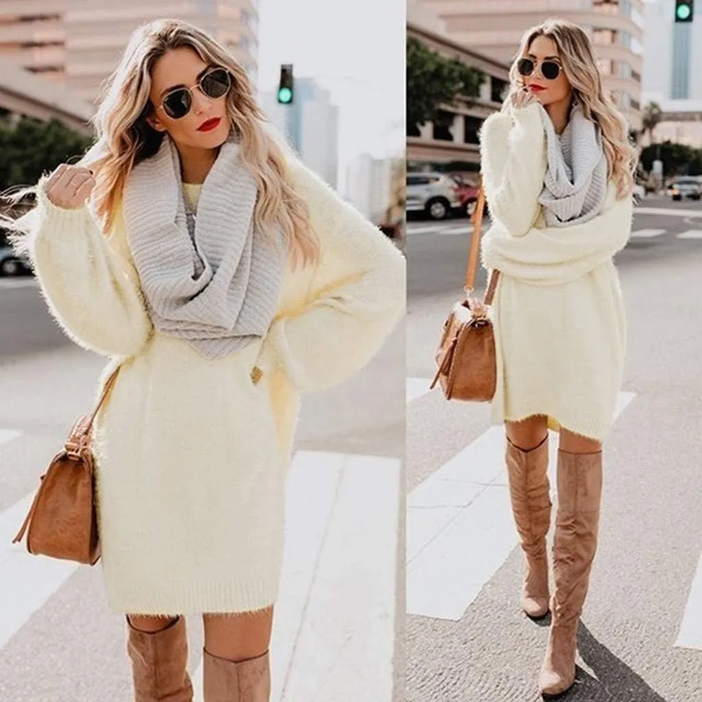 Women's Sweater Dresses Knee Length Cream Dress Trendy Plus Size Long Sleeve Crewneck Pullover