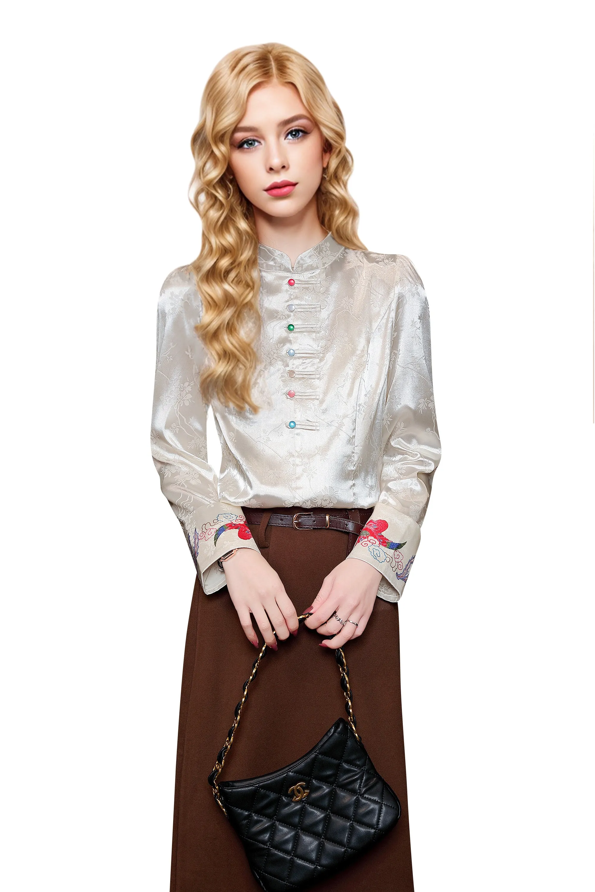 Women's Vintage chinese Silk Satin Top Embroidery Jacquard Blouses