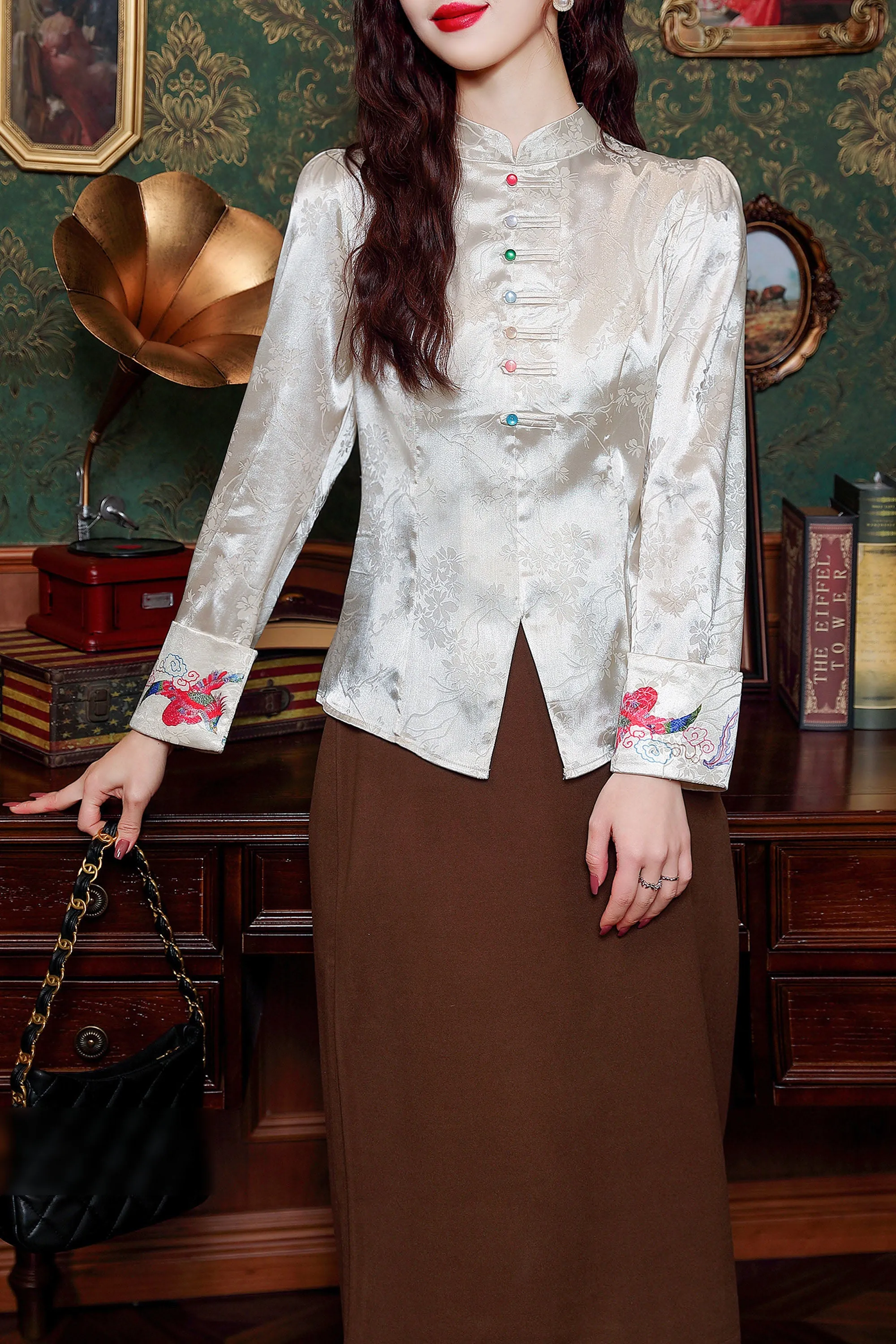 Women's Vintage chinese Silk Satin Top Embroidery Jacquard Blouses