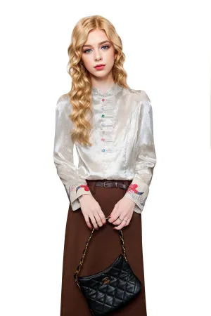 Women's Vintage chinese Silk Satin Top Embroidery Jacquard Blouses