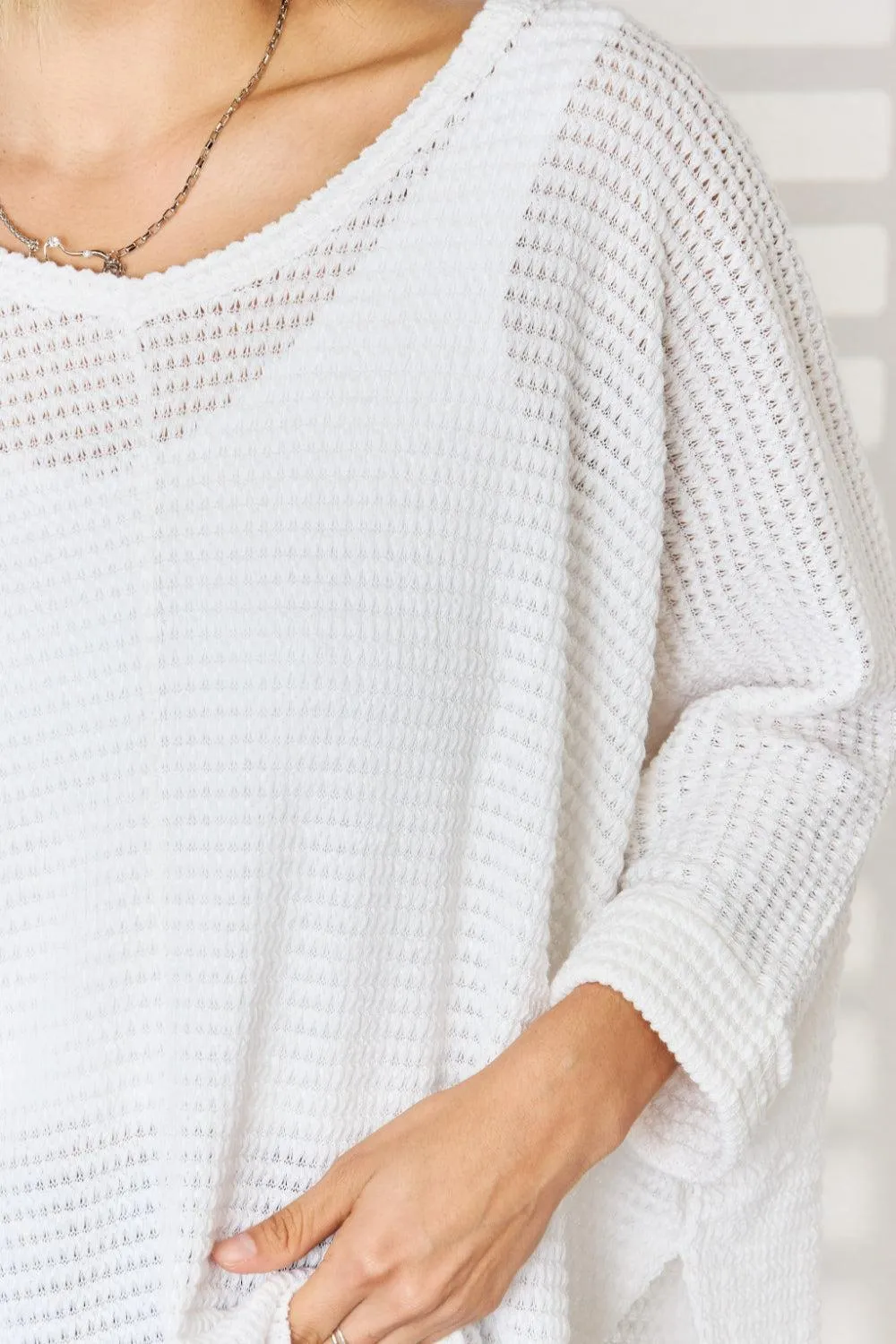 ZENANA Waffle Knit Long Sleeve Ivory Top