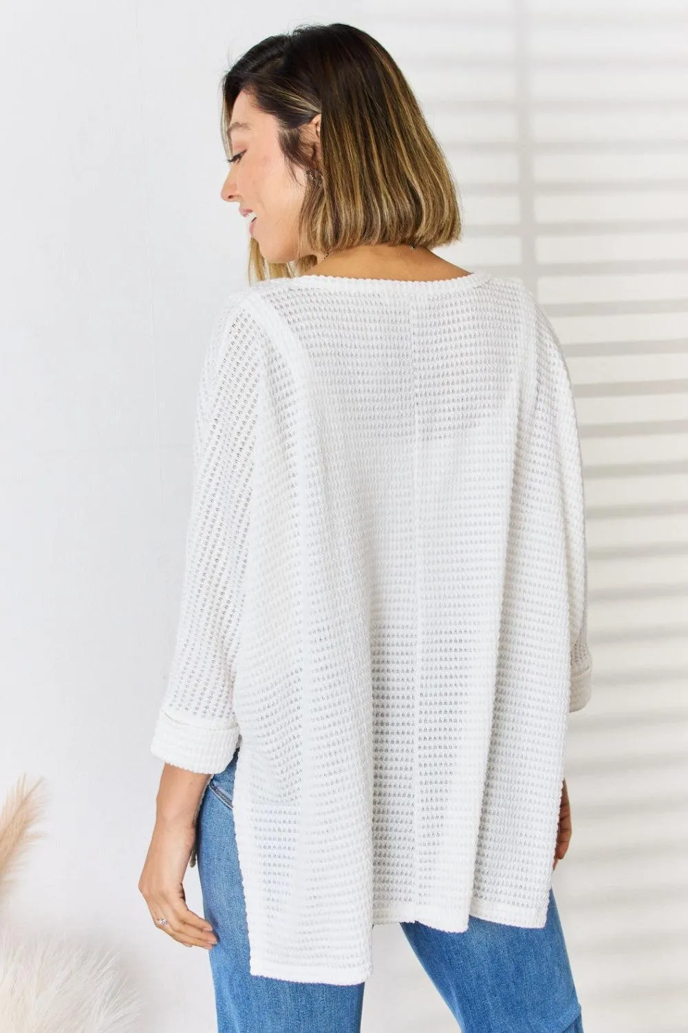 ZENANA Waffle Knit Long Sleeve Ivory Top