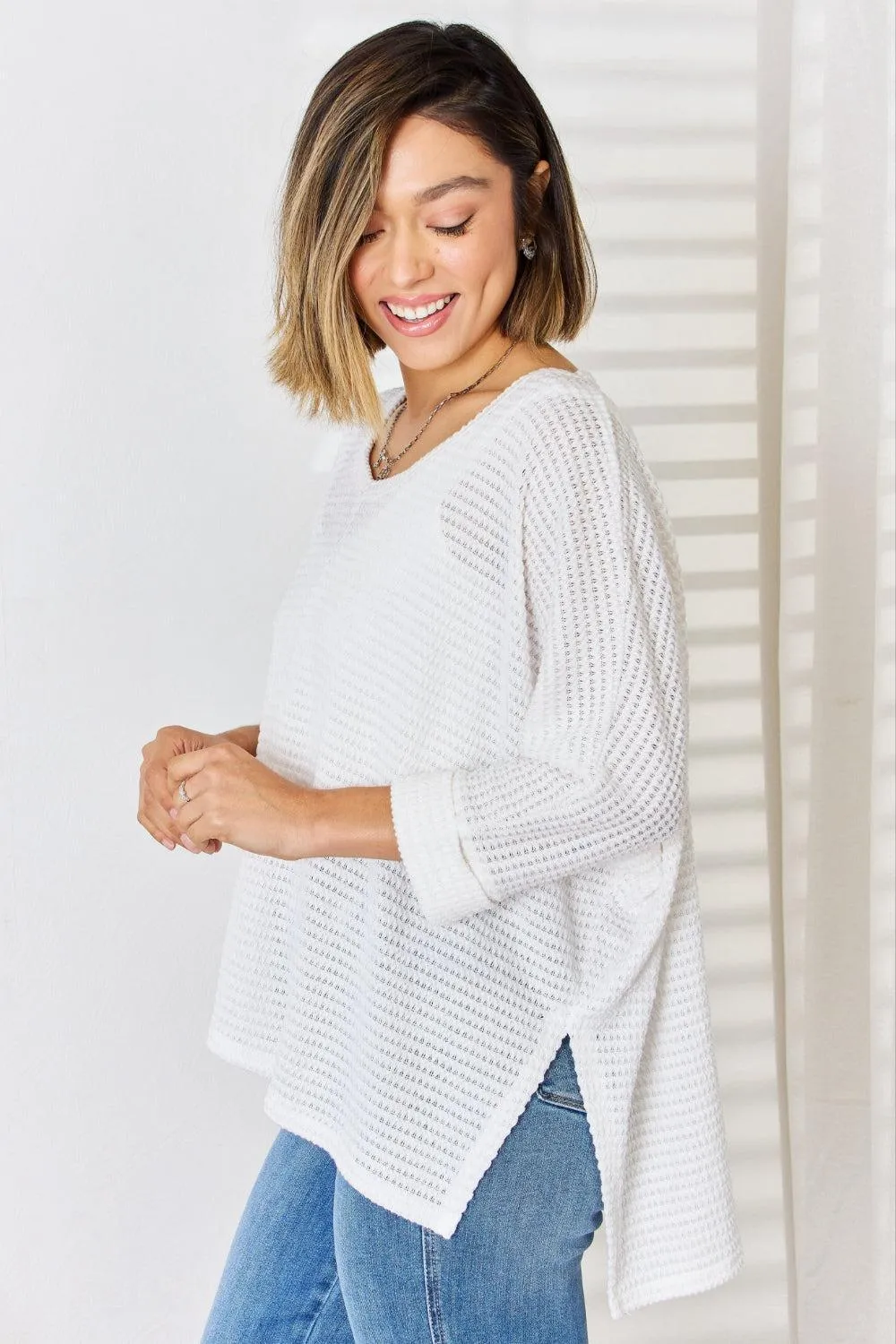 ZENANA Waffle Knit Long Sleeve Ivory Top
